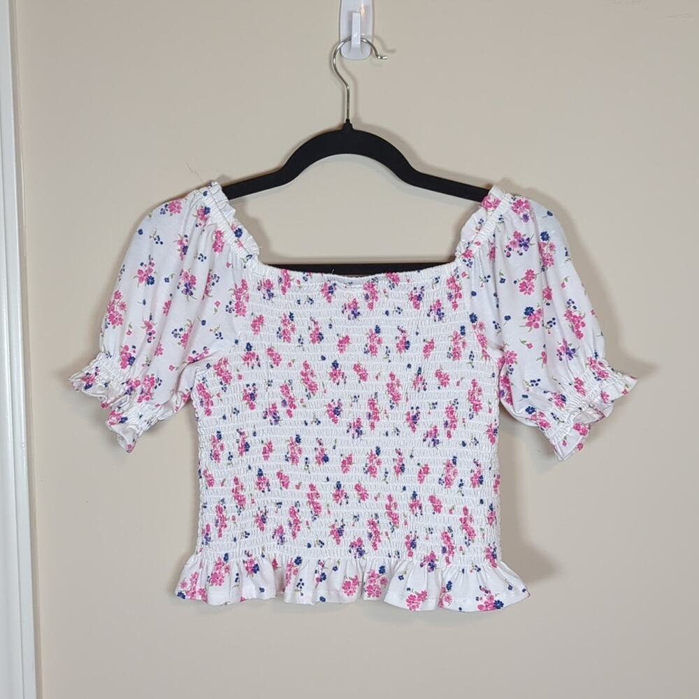 Rare Editions White Pink Floral Smocked Puff Sleeve Crop Top - Picture 5 of 5